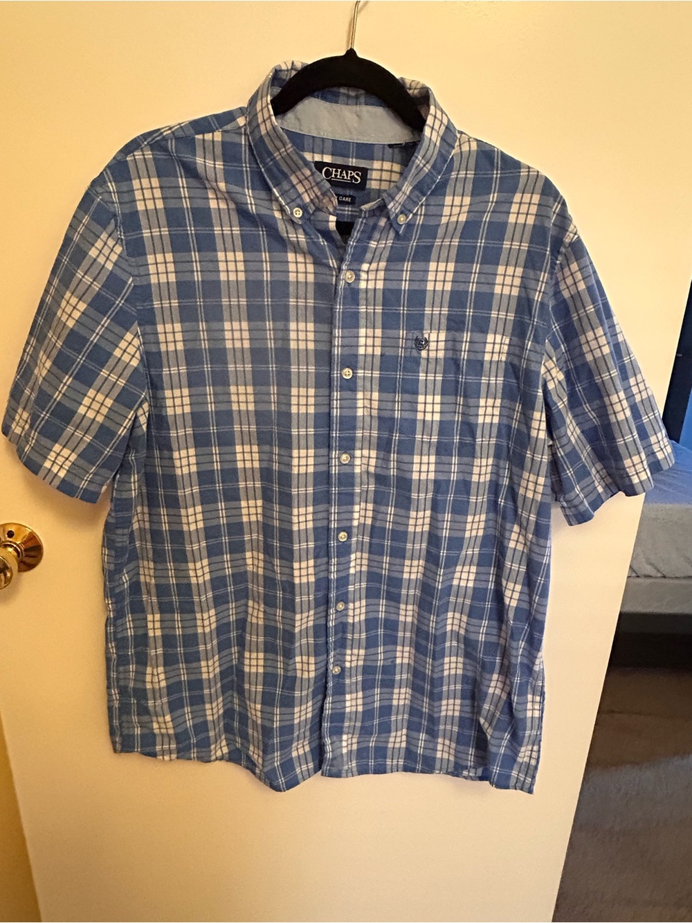 Chaps Blue and White Plaid Short-Sleeve Button-Down Shirt